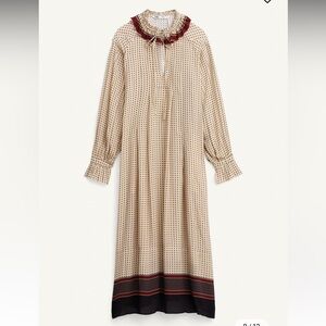 Zara Beige Printed Long Sleeve Midi Dress with Burgundy Trim